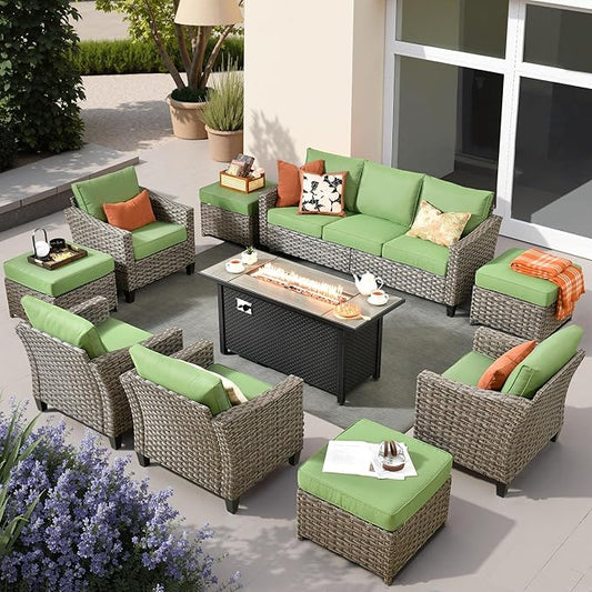 10 PCS Outdoor Patio Furniture 54in Set with Fire Pit Table, All-Weather Rattan Wicker Conversation Group with Deep Seating, High Back Comfort for Porch, Backyard, Green