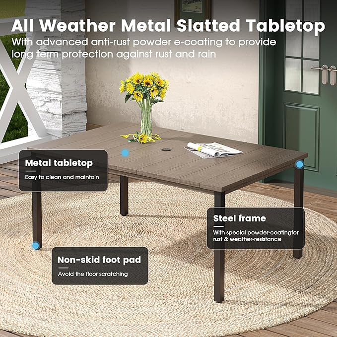 DIFY 7 Pieces Outdoor Patio Dining Set for 6, 63" Grey Wood-Like Rectangle Metal Dining Table and 6 Sandshell Stackable Sling Dining Chairs, Outdoor Table and Chairs for Lawn Garden Backyard Deck