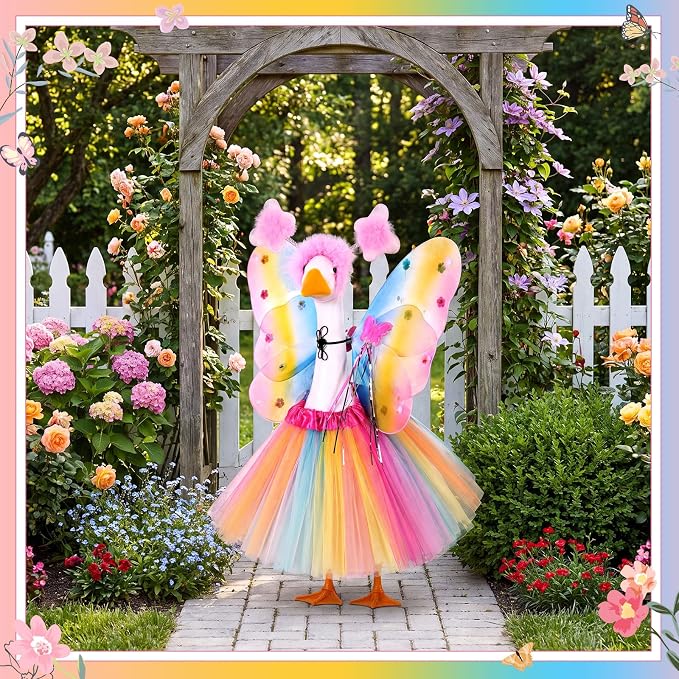 5pcs Butterfly Porch Goose Outfit Costume Tutu Skirt Butterfly Wing Wand Flower Crown for 17‘' 23‘' Cement Goose