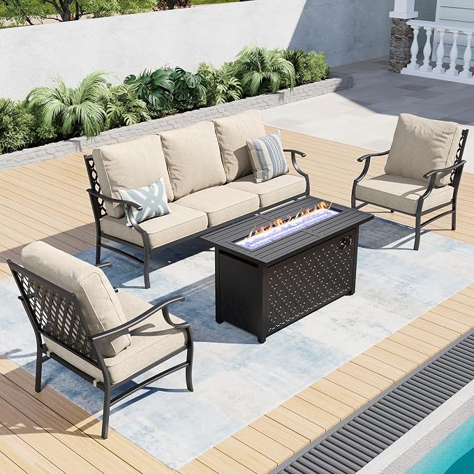 SUNSHINE VALLEY Patio Furniture Set with Firepit Table, 4 Piece Metal Outdoor Patio Furniture, 2 Single Chairs and 3 Seater Sofa with 5.75" Extra Thick Cushion and Gas Firepit Table for Backyard Deck