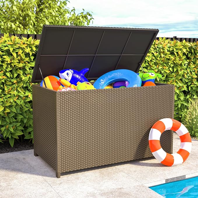 Outdoor Storage Box with Wheels 150 Gallon, Mobile Waterproof Aluminum Deck Box, UV Resistant Patio Storage Box with Lid for Patio Furniture, Garden Tools (Light)