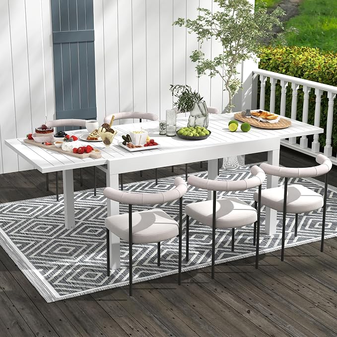 All Aluminum Expandable Patio Dining Table for 4-6 People, Extendable Outdoor Dining Room Table, All Weather Patio Furniture, Rectangular Metal Table with Adjustable Width 35"- 71", Ivory White