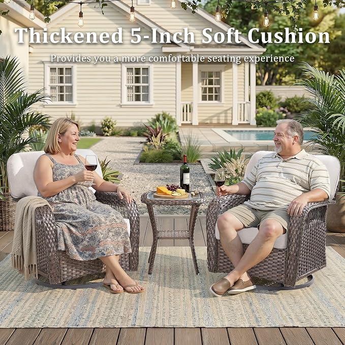 Patio Furniture Sets, 6 PCS Wicker Outdoor Furniture with Patio Sidetables - Patio Swivel Rocking Chairs and Rattan Side Table for Garden, Porch, Backyard, Beige/Brown Wicker