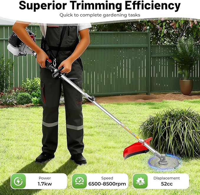 Weed Eater Gas Powered, 10 in 52CC 2-Stroke Gas Powered Weed Eater Brush Cutter Grass Wacker for Lawn Garden Tree Branches Trimming, 1700W 6500-8500Rpm