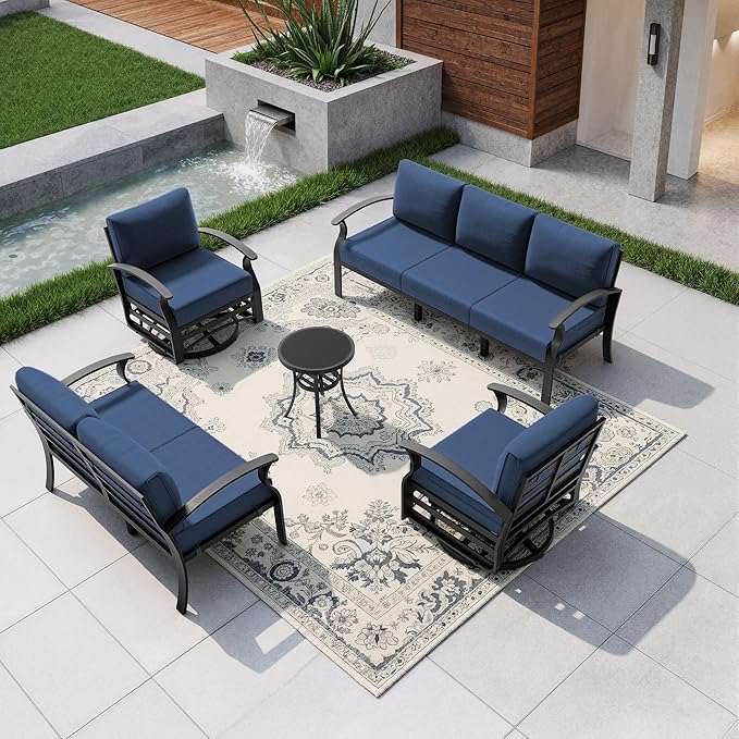 Kullavik Aluminum Patio Furniture Set,5 Pieces 7 Seat Metal Outdoor Furniture Conversation Set w/5.1" Cushions,Swivel Rocking Chairs Set,Navy Blue