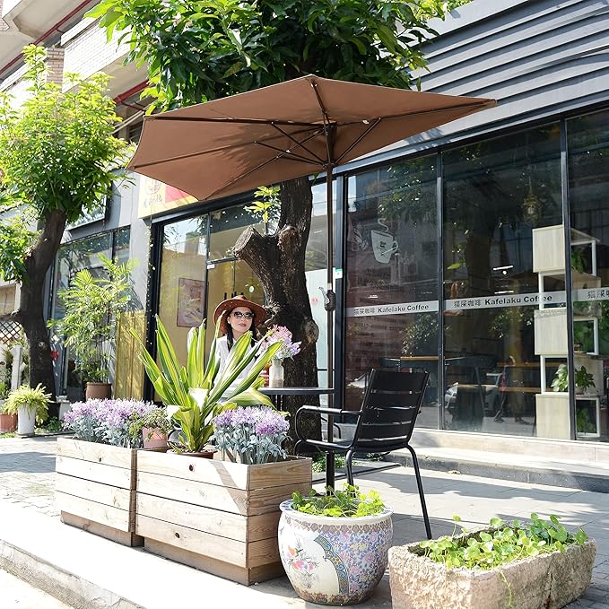 9' Outdoor Patio Half Umbrella with 5 Ribs, Fade Resistant Condo or Townhouse Umbrella by Pure Garden (Brown)