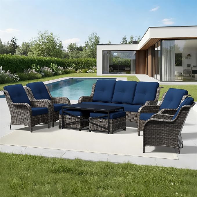 Joyside 8 Piece Wicker Patio Furniture Set, Rattan Patio Chairs with High Back, Deep Seating, Wide Armrest, Thickened Cushions, Outdoor Furniture for Deck, Porch Use