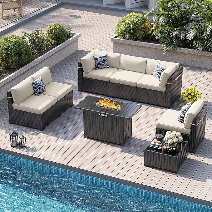 8 Piece Patio Furniture Set with 44” Fire Pit Table All-Weather Wicker Conversation Sectional Sofa & Coffee Table with Thickened Cushions for Backyard, Garden(Khaki)
