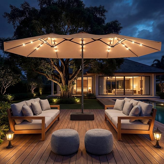 EO Living 13ft Large Patio Umbrella with Solar Lights, Double-Sided Rectangle Outdoor Umbrella with Base Included, 24 LED Lights Table Umbrella for Poolside Deck Market (Beige)