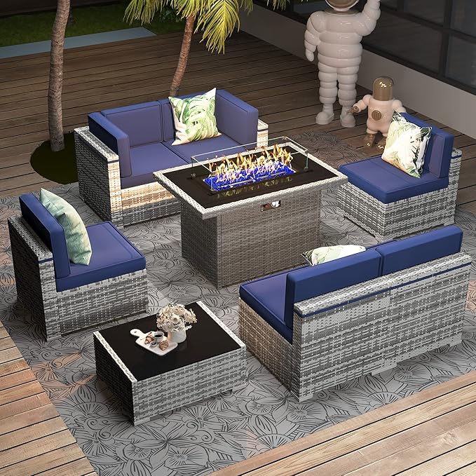 8 Pieces Patio Furniture Set with 44" Propane Gas Fire Pit Table, Outdoor Sectional Wicker Conversation Sofa Sets with Coffee Table