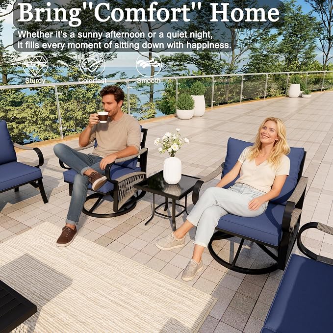 12 Pieces Patio Conversation Sets, All-Weather Metal Swivel Rocking Chairs with Rope Furniture Set, Outdoor Sofa Couch for Deck, Porch, Garden, Backyard, Poolside (Blue Cushions)