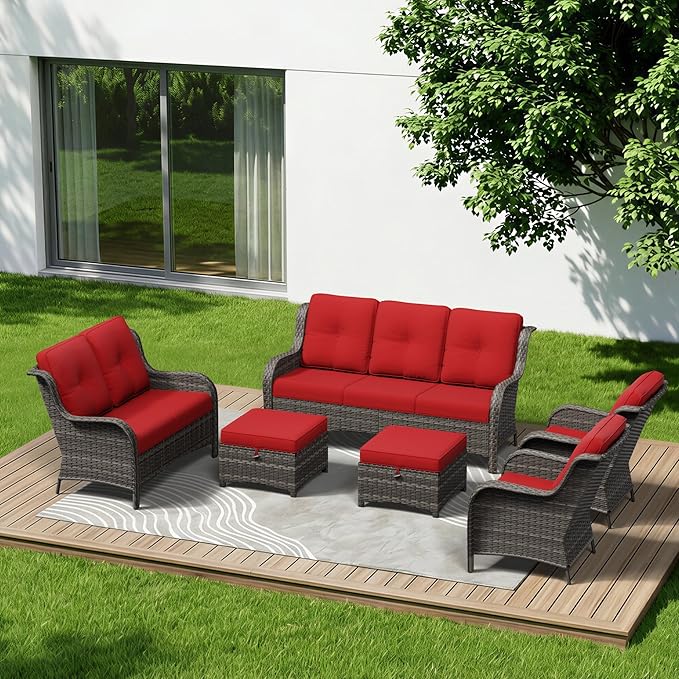 6 Piece Outdoor Wicker Patio Furniture Set, Patio Chairs Set with Thickened Olefin Cushions, High Back and Deep Seating, Hand-Woven PE Rattan, Ottoman for Porch, Deck