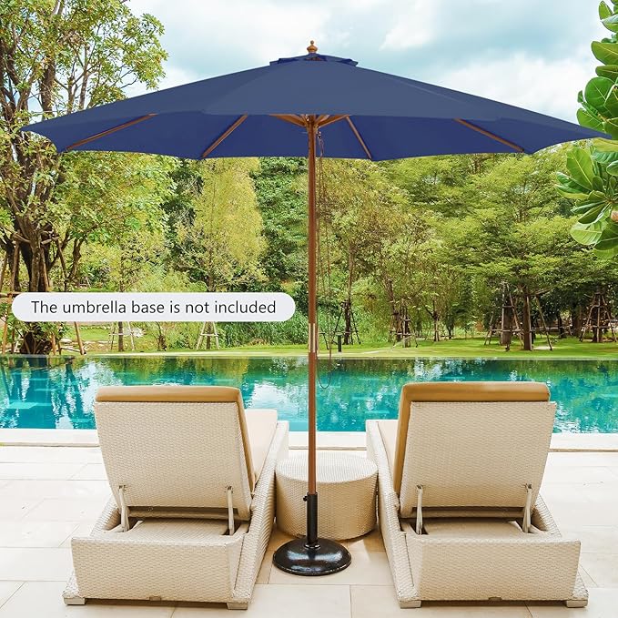 HAPPYGRILL 10 FT Wooden Patio Umbrella with Rope Pulley Lift, 8 Bamboo Ribs, 3 Adjustable Heights, Vented Roof, Outdoor Table Umbrella for Garden Poolside Backyard (Navy)