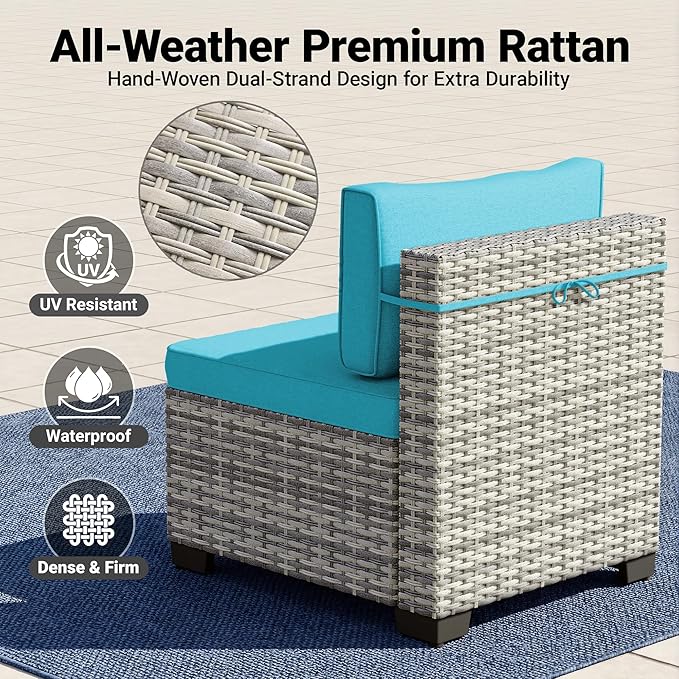 14-Piece Patio Furniture Set, Outdoor Sectional with Thick Cushions, Modular Patio Sofa, Dual-Strand Wicker Rattan, Rust-Resistant Frame, Backyard Furniture for Garden, Deck, Lake Blue