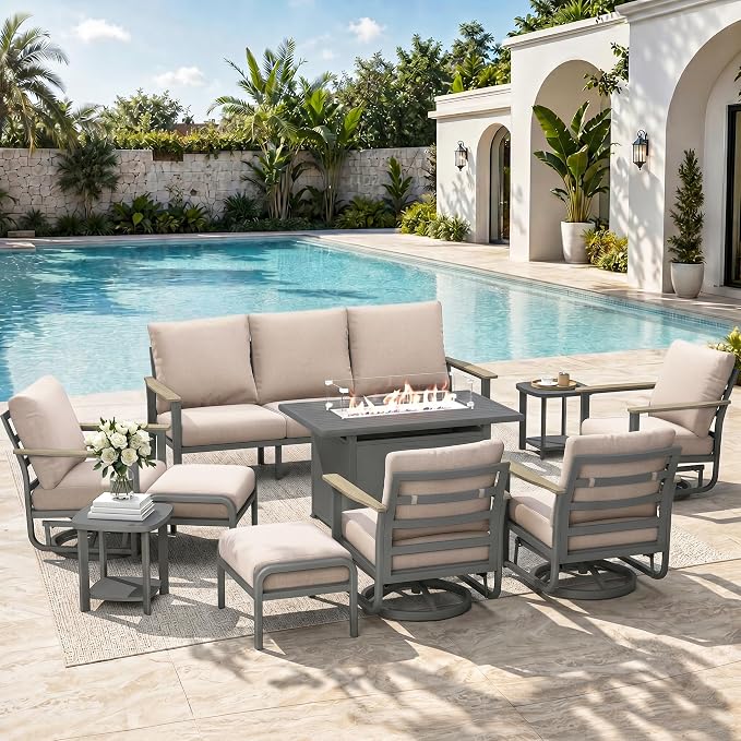 Aluminum Outdoor Patio Furniture Set, 10-Piece Sectional Sofa with 5.1" Thick Cushions, 4 Swivel Rocking Chairs, 55,000 BTU Propane Fire Pit Table, Outdoor Couch for Backyard, Deck, Khaki