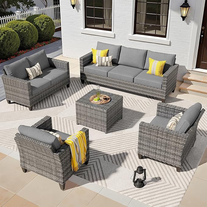ovios 5 Pieces Patio Furniture Set, Outdoor Wicker Rattan Sofa Couch with Loveseat, Chairs, Glass Coffee Table, Conversation Sets for Yard Porch Garden, Dark Grey
