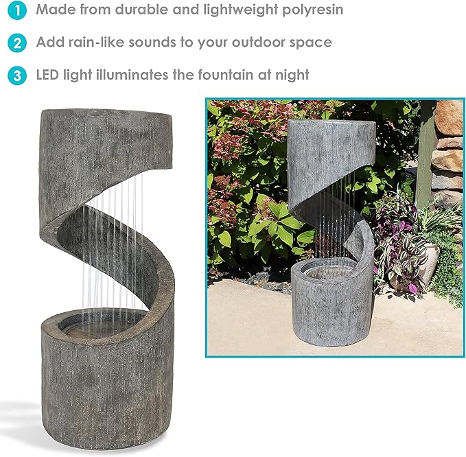 Sunnydaze Showering Spiral Electric Water Fountain with LED Light - 31-Inch - for Garden, Patio or Yard