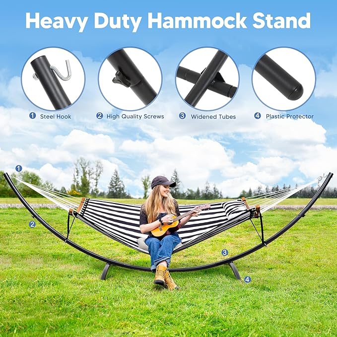 SUNCREAT Hammocks for Outside with Stand, Porch Hammock and Stand, 475 lbs Capacity, Patent Pending, Black & White
