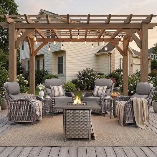Luxury High Back Patio Furniture Set 30" Fire Pit Table with 6-Inch Thick Cushions, 5-Pieces Outdoor Furniture w/ 4 Swivel Chairs, Wicker Conversation Set for Porch, Balcony, Deck and Yard, Brown/Grey