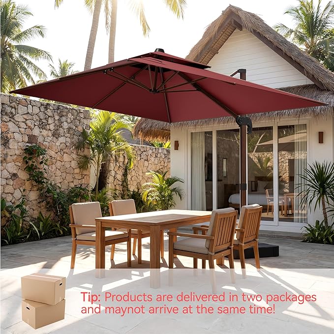 10x13 FT Wood Pattern Patio Umbrella with Base, Large Deluxe Cantilever Rectangular Double Top Heavy Duty Offset Umbrellas with 360° Rotation, Outdoor shade for Garden Pool Patio, Red