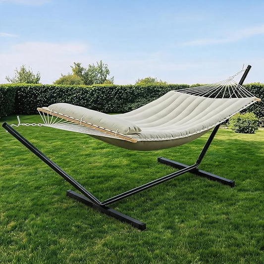 Hammock with Stand for Outside,2 Person Hammock with Heavy-Duty Steel Stand,Soft Fabric,450 LBS Capacity,Carrying Bag,Indoor Outdoor Hammocks for Patio Balcony and Garden,Beige