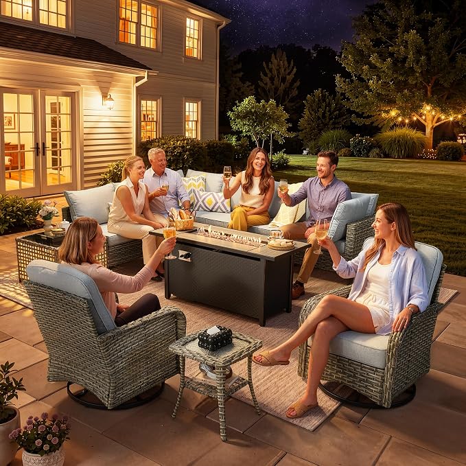 CAODOC 11-Piece Outdoor Sectional Sofa Set w/ 54" Fire Pit – L-Shaped Wicker Patio Furniture, Deep Seating & Swivel Rockers,Gray