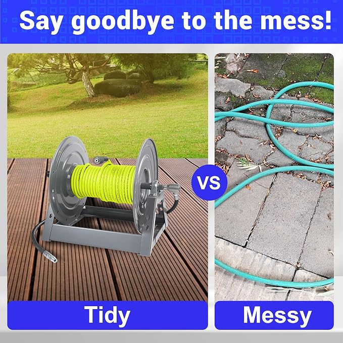 M MINGLE Pressure Washer Hose Reel 300ft, Heavy Duty Hose Reel, Manual Crank Power Washer Hose Reel with Swivel Arm, Wall/Floor/Truck Mounted, 4000 PSI