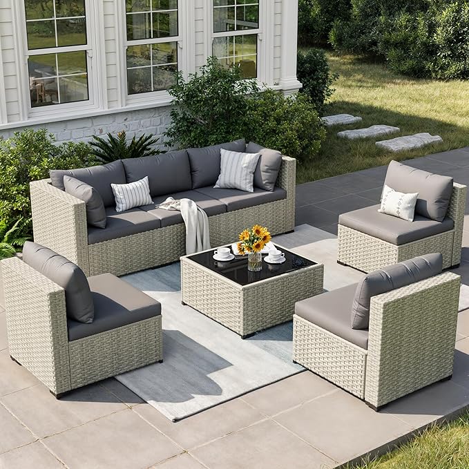 Patio Furniture Set, 7-Piece Outdoor Sectional All-Weather Wicker Patio Conversation Set for Backyard (Grey Cushions with Grey Rattan)