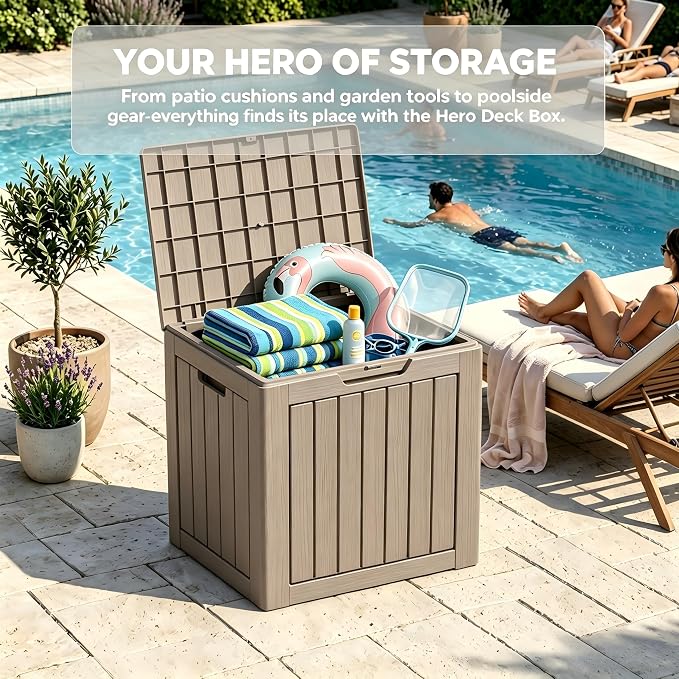 35 Gallon Deck Box Outdoor Waterproof, Resin Storage Box Outdoor Lockable, Multipurpose Outside Container for Patio Cushions, Garden Tools & Package Drop, UV & Fade Resistant, Brown