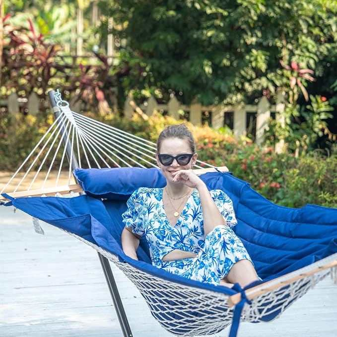 Lazy Daze Hammocks 2 Person Portable Hammock with 12FT Stand, 10.5FT Double Hand Woven Cotton Rope Hammock with Detachable Quilted Pad & Pillow for Outside, 450lb Capacity, Navy Blue