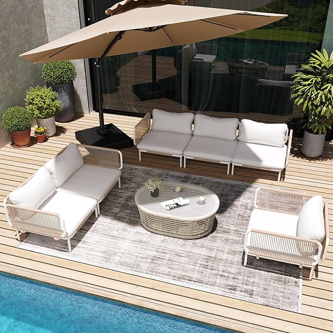 6 Piece Modern Outdoor Sectional Sofa, 31" Oversized Patio Furniture Set with Olefin Woven Rope, Weather-Resistant Metal Frame and Removable Cushion, Beige