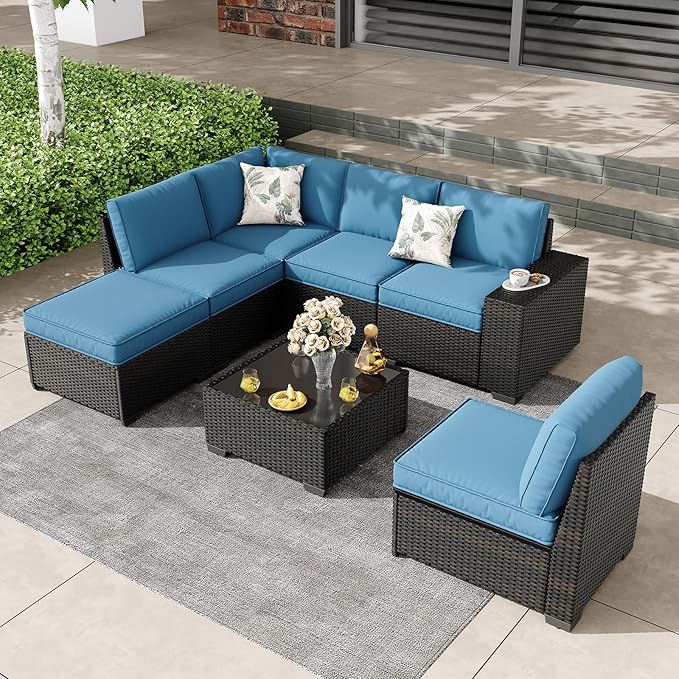 7 Pieces Outdoor Patio Furniture Set, Wicker Conversation Sets with Tea Table, Rattan Patio Sofa with Thick Cushions for Garden, Backyard Porch, Poolside,Peacock