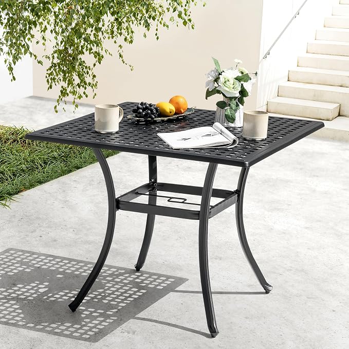 NUU GARDEN 35 Inch Square Cast Aluminum Outdoor Dining Table for 4 with Umbrella Hole and Mesh Top, Patio Table for Garden Backyard Poolside, Black with Gold Speckles