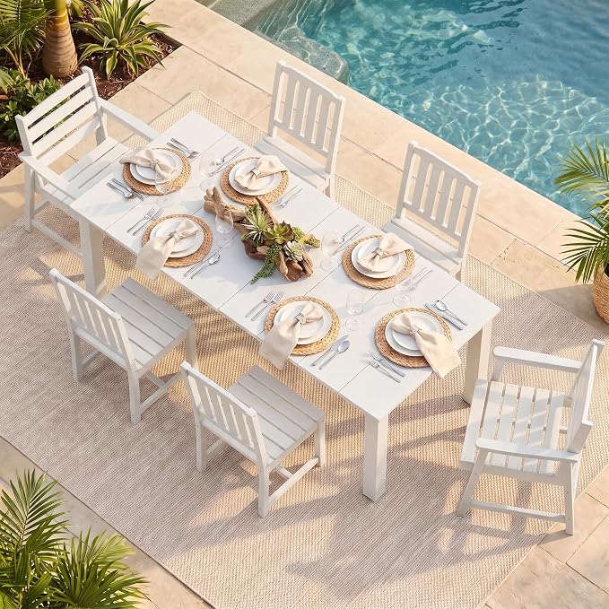 LOUNZY 7 Piece Patio Dining Set for 6, Outdoor Table and Chairs,White | 75.2” table,6 seat patio dining set, HDPE wood-look, fade resistant and waterproof, low maintenance outdoor furniture