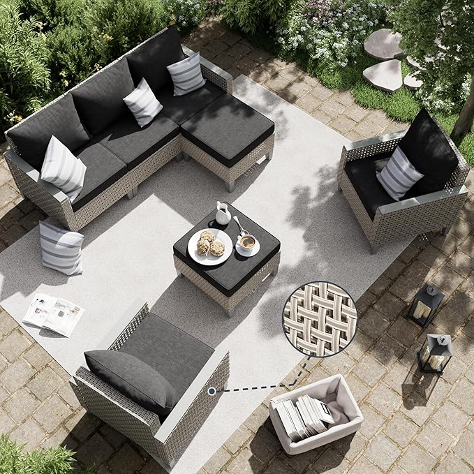 Outdoor Patio Furniture Set 7-Piece Modular Wicker Sectional Sofa with Ottomans and Thick Cushions, Modern Rattan Outdoor Conversation Couch for Garden Backyard, Black