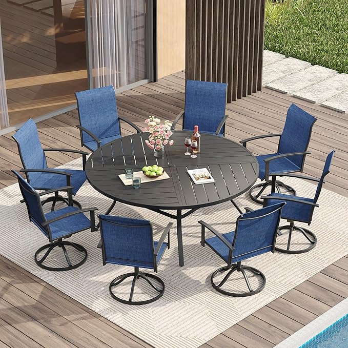 VICLLAX Outdoor Table and Chairs Set of 8, Metal Patio Dining Set-59.9" Round Dining Table and 8 Swivel Chairs for Deck, Lawn and Garden, Black Table and Blue Chairs