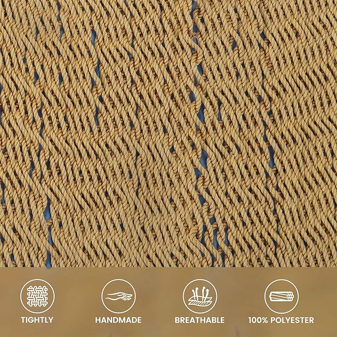 Lazy Daze Hammocks 13 FT Extra Large 2+ Person Caribbean Rope Hammock, Hand Woven Polyester XL Hammock with Spreader Bars, for Outside Outdoor Backyard Patio Poolside, 500 LBS Capacity, Tan
