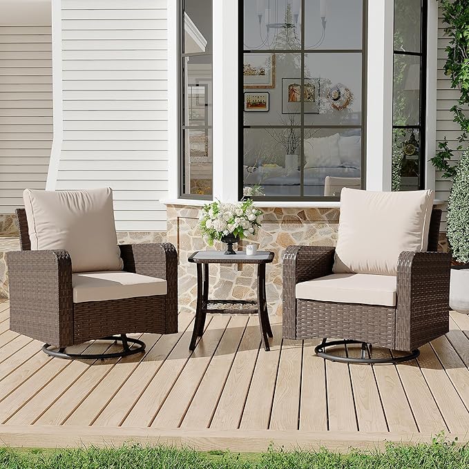 HOMREST 3 Piece Swivel Patio Chairs Wicker Set - All Weather Outdoor Patio Bistro Set with Side Table, Small Patio Furniture Set for Balcony Porch Deck Backyard, Khaki