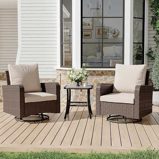 HOMREST 3 Piece Swivel Patio Chairs Wicker Set - All Weather Outdoor Patio Bistro Set with Side Table, Small Patio Furniture Set for Balcony Porch Deck Backyard, Khaki