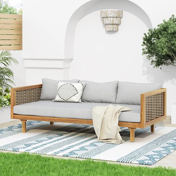 Merax Outdoor Acacia Wood Conversation Set - Patio 3-Seat Loveseat Sofa w/Coushion and Round Coffee Table for Backyard, Lawn, Balcony, Teak+Light Gray/Light Teak