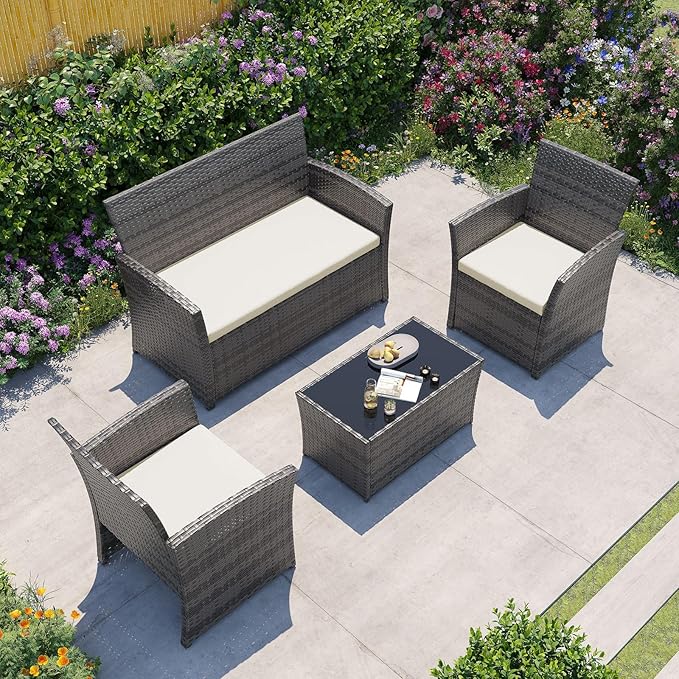 4 Piece Outdoor Patio Furniture Set, All-Weather Wicker Conversation Sets Include Coffee Table, Armchair, Loveseat, Sectional Furniture for Indoor Outdoor Backyard Pool Garden (Gray & Beige)