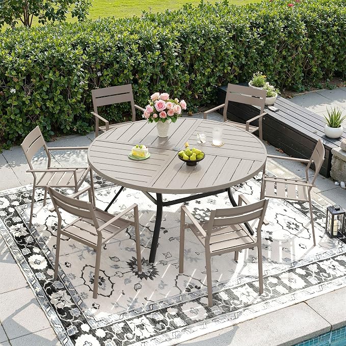 DIFY 7 Piece Outdoor Patio Dining Set for 6, 50" Round Dining Table with Umbrella Hole and Stackable Metal Chairs, Patio Table and Chairs Set for Backyard Garden Poolside, Grey Wood-Like & Sandshell