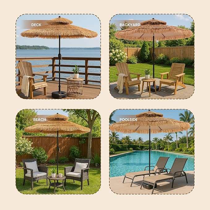 COSIEST 9FT Tiki Umbrella Outdoor Patio Hawaiian Thatched Shade With 8 Ribs Tilt Adjustment for Garden Pool Backyard Beach