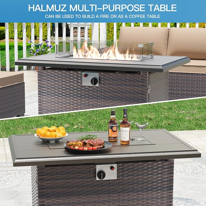 7 Pieces Outdoor Patio Furniture Set with 43"/55000BTU Gas Fire Pit Table,PE Rattan Wicker Outdoor Conversation Sofa Set Non-Slip Cushions Waterproof Covers for Backyard,Poolside,Garden,Sand