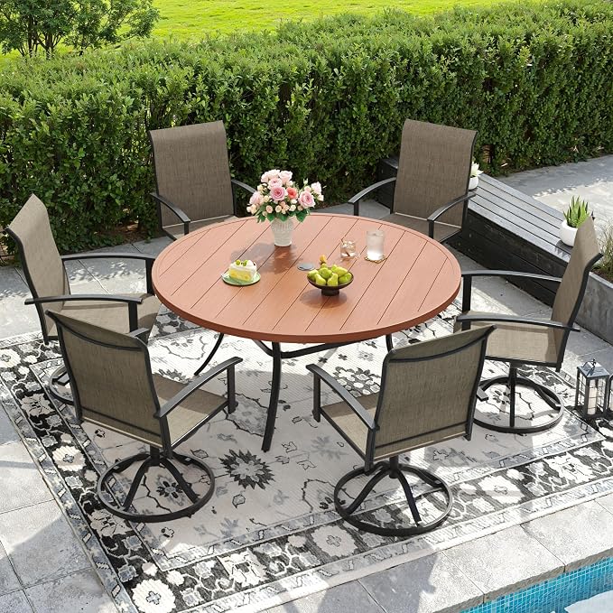 DIFY 7 Pieces Outdoor Dining Set for 6, 50" Walnut Round Metal Table with Umbrella Hole and Brown Textilene Swivel Patio Chairs, Patio Table and Chairs Set for Garden, Backyard, Poolside