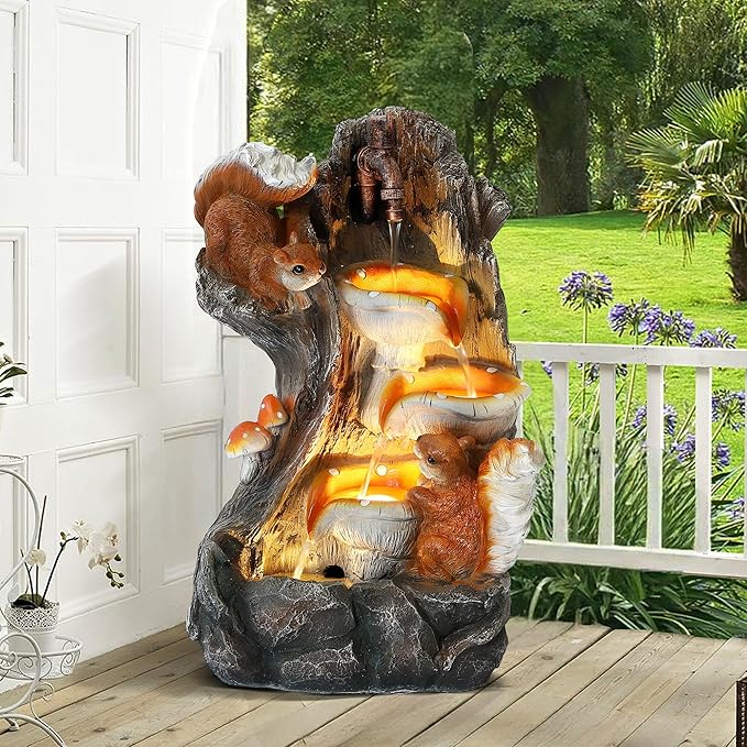 4-Tiers Indoor/Outdoor Garden Water Fountain - 22" Modern Cascading Water Fountains, Freestanding Resin Waterfall Fountain with 4 LED Lights, Squirrel & Mushroom for Deck Patio Porch Yard