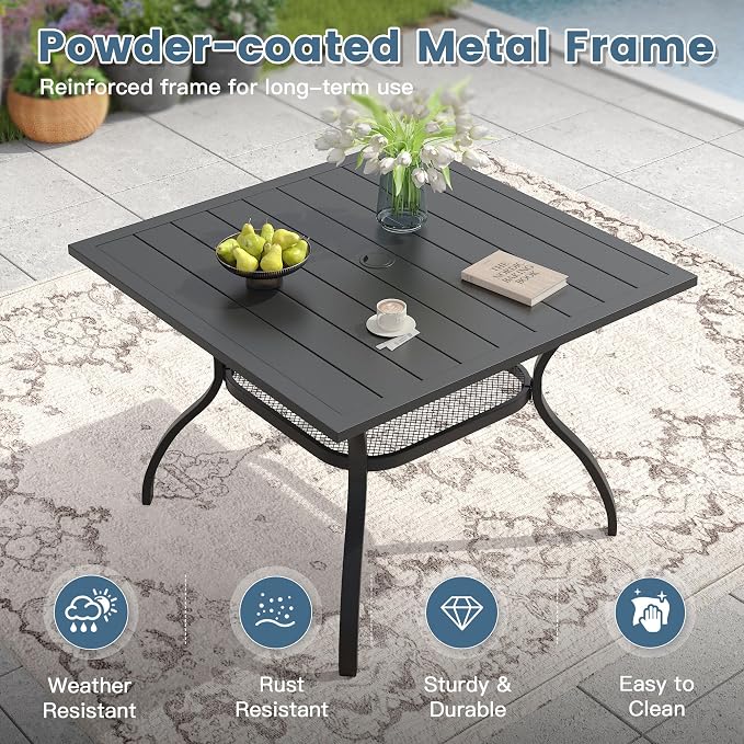 DIFY 5 Piece Outdoor Dining Set for 4, 37.8" Black Square Metal Dining Table with Umbrella Hole and Stackable Wicker Patio Chairs, All-Weather Patio Table and Chairs Set for Deck Garden Backyard