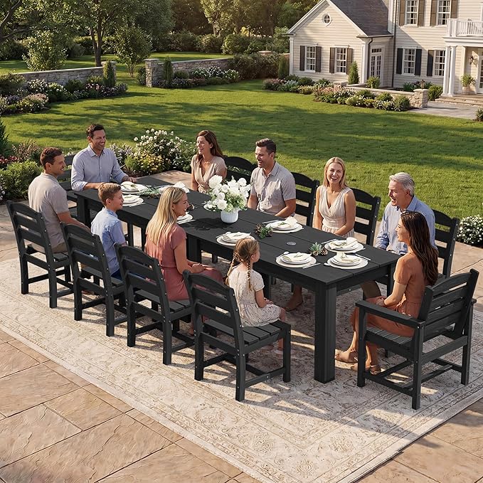 SERWALL Outdoor Dining Sets for 10, HDPE Dining Sets for 10 Person with 2 Rectangular Tables and 8 Armless Chairs and 2 Armchairs, Patio Dining Sets for Garden, Backyard, Poolside, Black