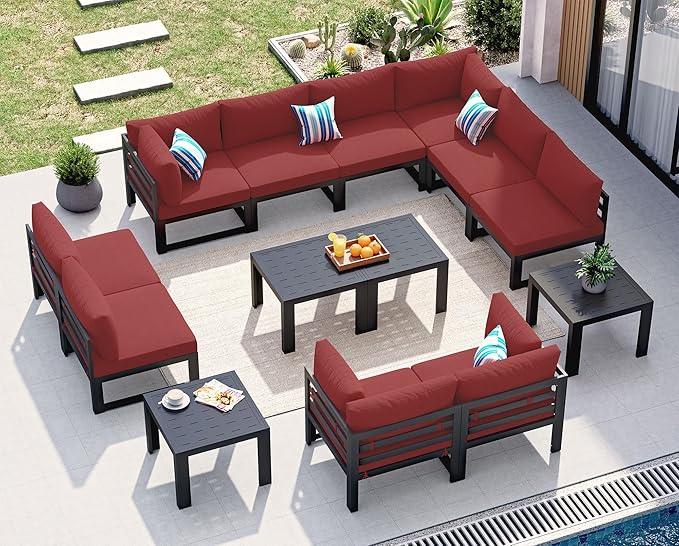 NICESOUL 10 Seat Large Luxury Aluminum Patio Conversation Set with Side Table, 29" Deep Wide Seating, Modular Sectional Couch, 500 lbs Heavy Duty All Weather Outdoor Sofa for Backyard Deck, Burgundy