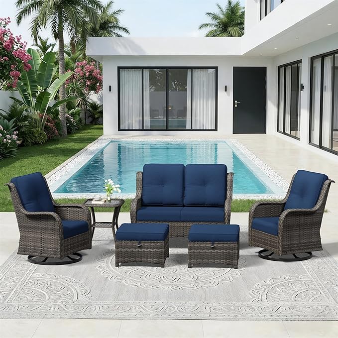 6 Piece Outdoor Wicker Patio Furniture Set, Outdoor Swivel Rocker Patio Chairs Set with Thickened Olefin Cushions, High Back and Deep Seating, Hand-Woven PE Rattan for Porch, Deck